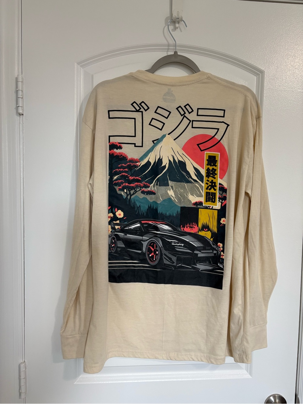 Graphic Long Sleeve Shirt - Beige with Japanese Car Back Print